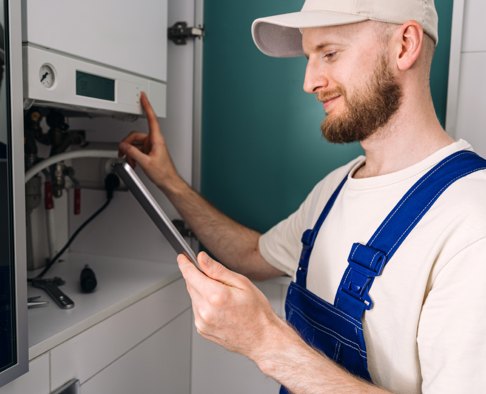plumbing contractor with a tablet